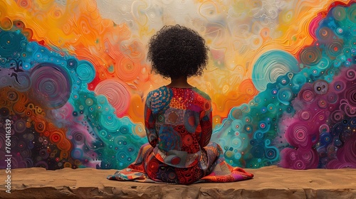African American woman meditating in lotus pose on a colorful abstract background photo