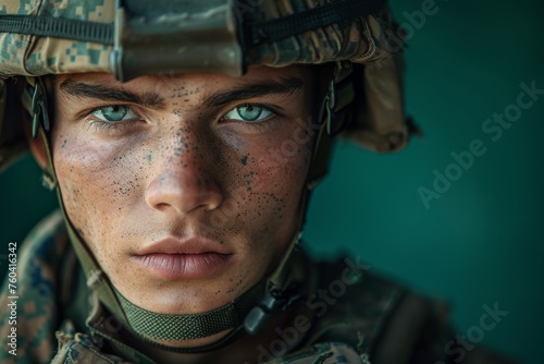 Close-up portrait of a young marine in combat gear with intense gaze