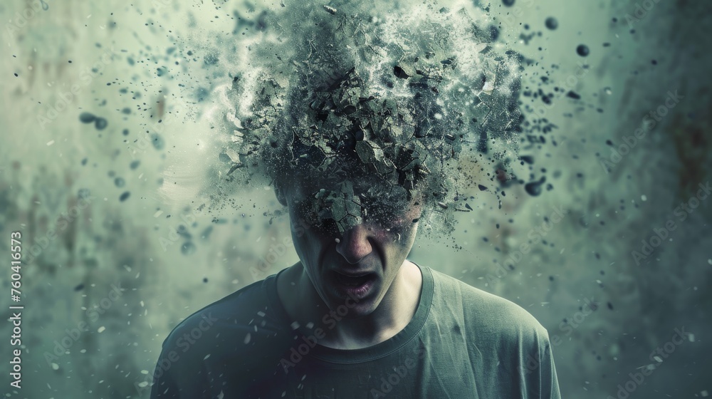 A portrait of a man with his head shattering into small pieces, conveying a powerful concept of stress, mental health, or cognitive disruption. - obrazy, fototapety, plakaty 