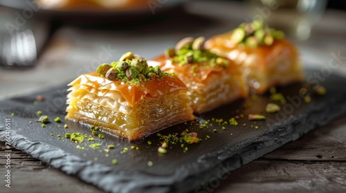 3D rendering of a modern gourmet presentation of baklava with pistachios on a sleek black slate platter
