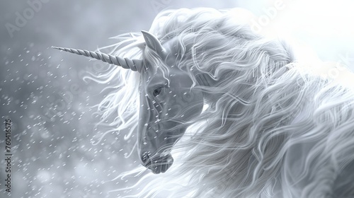 an elegant snow unicorn with a flowing mane amidst a blizzard © JR-50
