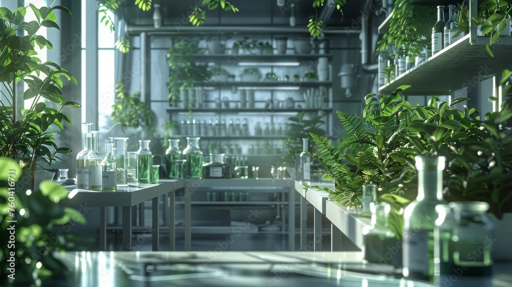 3D scene of a futuristic herbal supplement lab where natural ingredients are being researched and processed