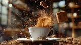 A 3D visualized close-up of a Speculoos cookie being dipped into a cup of coffee capturing the moment of immersion