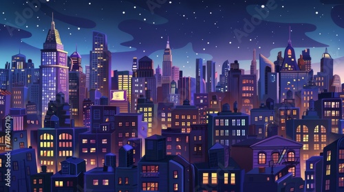A stylized cityscape at night with colorful buildings and a starry sky; suitable for technology, urban life, and fantasy. Perfect for backgrounds or wallpapers.