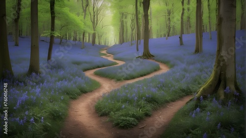 imagine  A winding path through a forest blanketed with bluebells  leading to unknown adventures --ar 3 2 --v 4