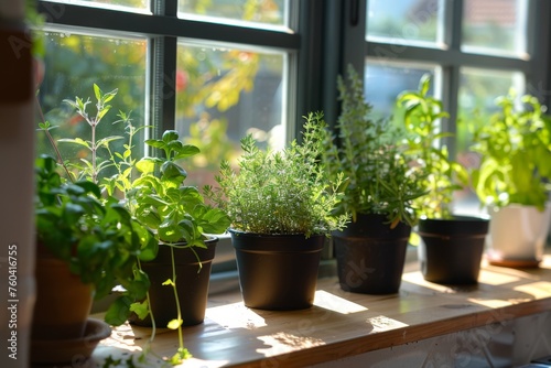 Indoor basil plants basking in sunlight on a wooden window sill, ideal for articles on gardening and home cooking.