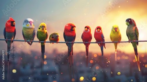 A group of talking birds of various species perched on a telephone wire realistic textures and lively expressions photo
