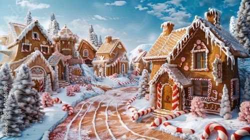 A panoramic view of a gingerbread castle village each house unique with frosting roofs and jelly bean paths photo