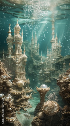 An artistic rendering of an underwater kingdom featuring shell castles with pearl adornments © JR-50
