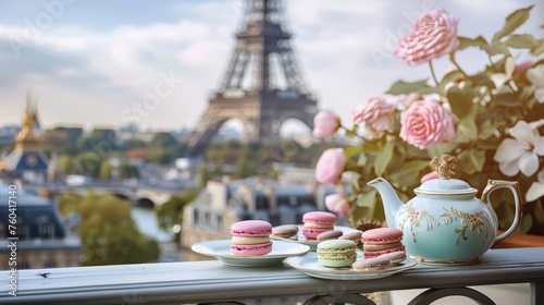 An elegant tea setting on a balcony overlooking the Eiffel Tower featuring a selection of macarons in pastel shades photo