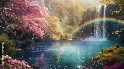 Enchanting fantasy landscape with cherry blossoms  a waterfall  and a rainbow over tranquil water  perfect for mystical and nature themes.