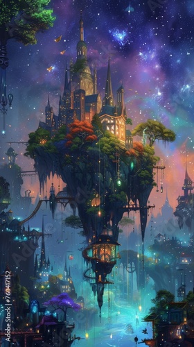 An illustrative scene of a floating forest above an enchanted city magical flora and fauna