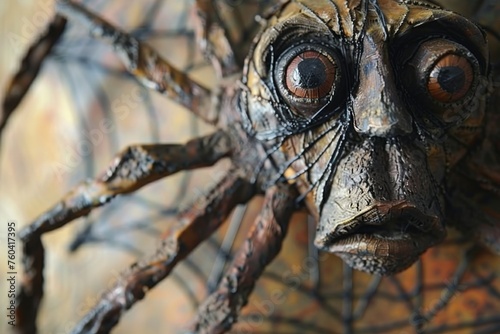 Close-up of Anansi in his spider form with a focus on his expressive eyes and the detailed texture of his body
