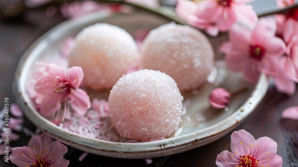 Pink mochi ice cream on a ceramic plate with cherry blossoms, presenting a delectable and traditional Japanese sweet treat. Pink mochi ice cream on a ceramic plate with cherry blossoms, presenting a delectable and traditional Japanese sweet treat.