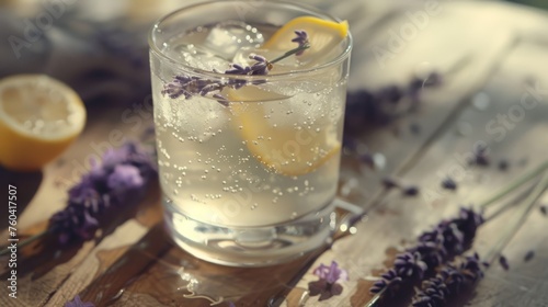 Refreshing gin tonic drinks with lavender and orange slice garnishes, surrounded by warm bokeh lights, suggesting a festive atmosphere. photo