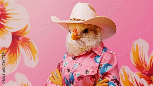 Preppy Easter Themed Chicken in Pink Outfit and Cowboy Hat on Pink Backdrop with Floral Decoration