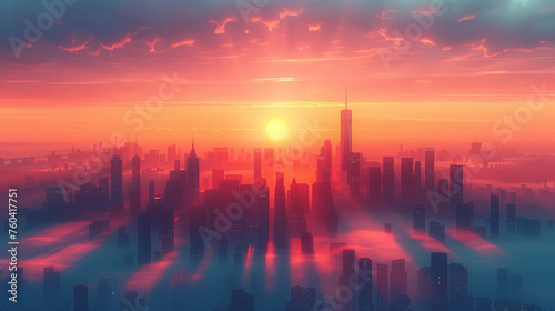 Majestic Sun Pierces Sky Over Urban Concrete Jungle © oxart_studio