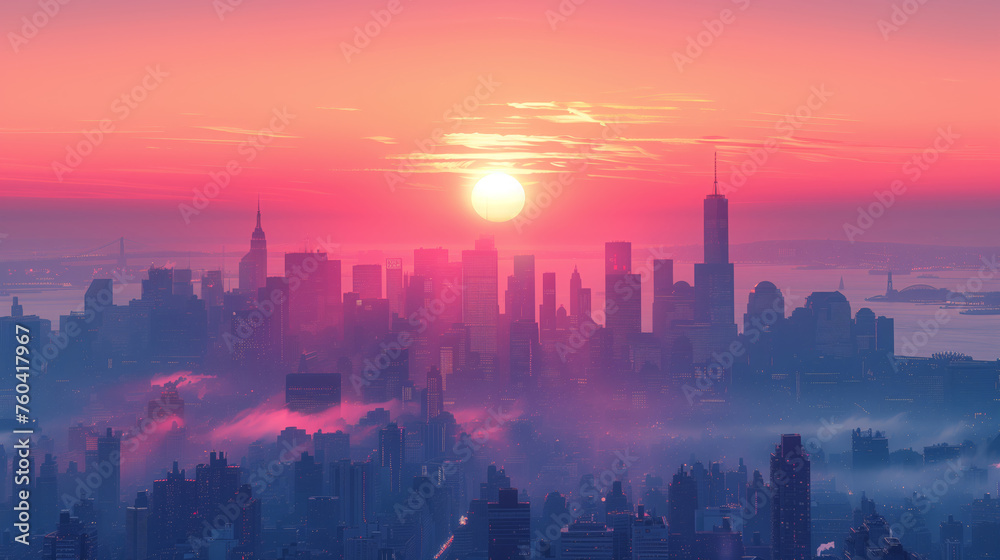 Sun Rises, Bathing Skyscrapers In Soft, Warm Light, City Silhouette
