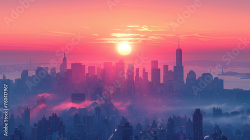 Sun Rises  Bathing Skyscrapers In Soft  Warm Light  City Silhouette