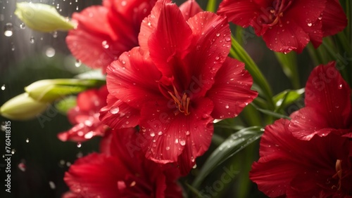Close-Up Macro View of Red Gladiolus Flowers Capture With Rain Shower and Ethereal Blurry Background