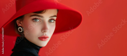 A woman wearing a red hat and red dress is posing for a photo. high quality female portrait, minimalism in a red background, woman with red elegant hat is looking into the camera