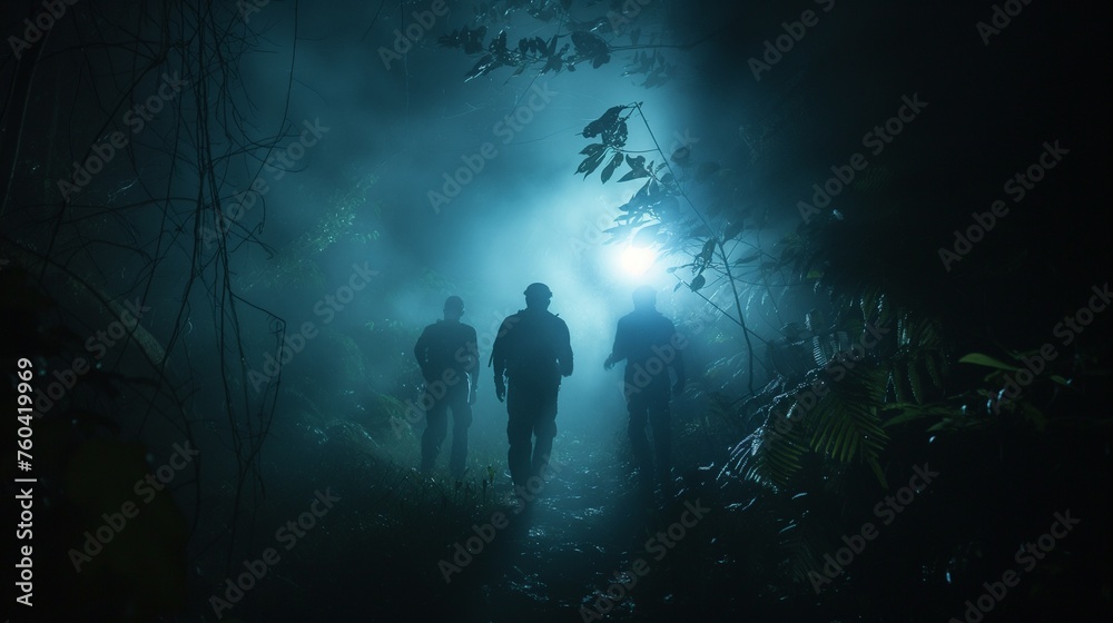 Friends maneuvering through a dense, mystical fog in a dark forest during an adventurous night expedition.