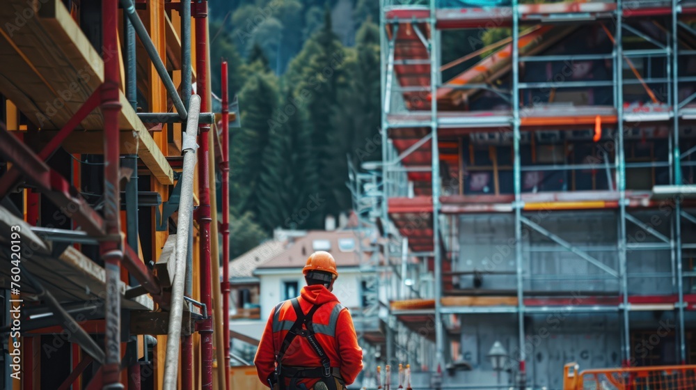 Fototapeta premium a worker on a construction site, with a scaffolding between them