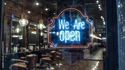 An eye-catching "We Are Open" sign displayed on the door of a modern barbershop.