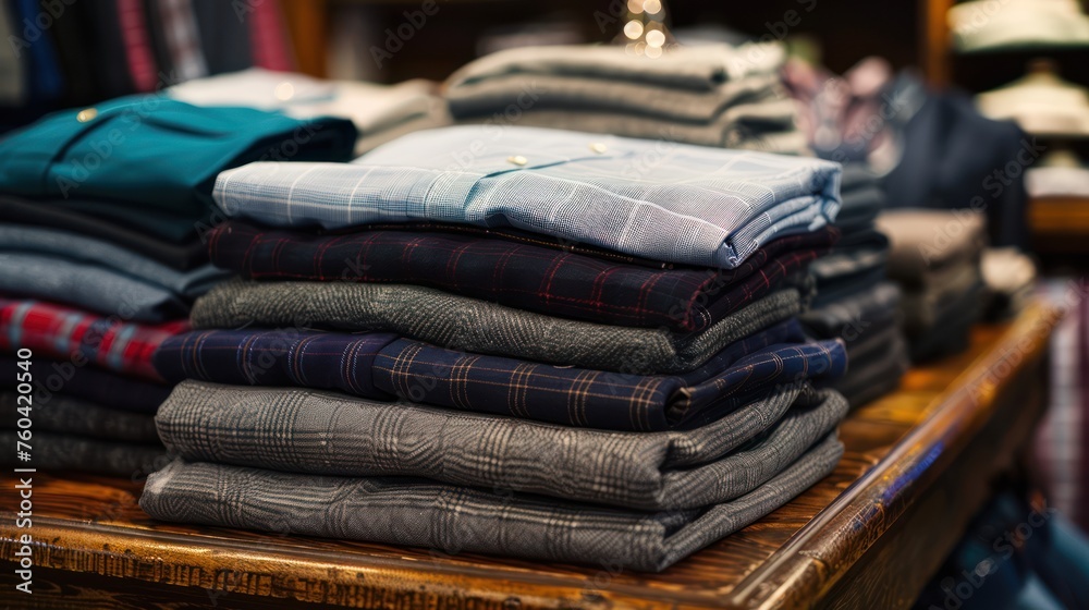 angled view of some folded apparel on a display table angled view of some folded apparel on a display table