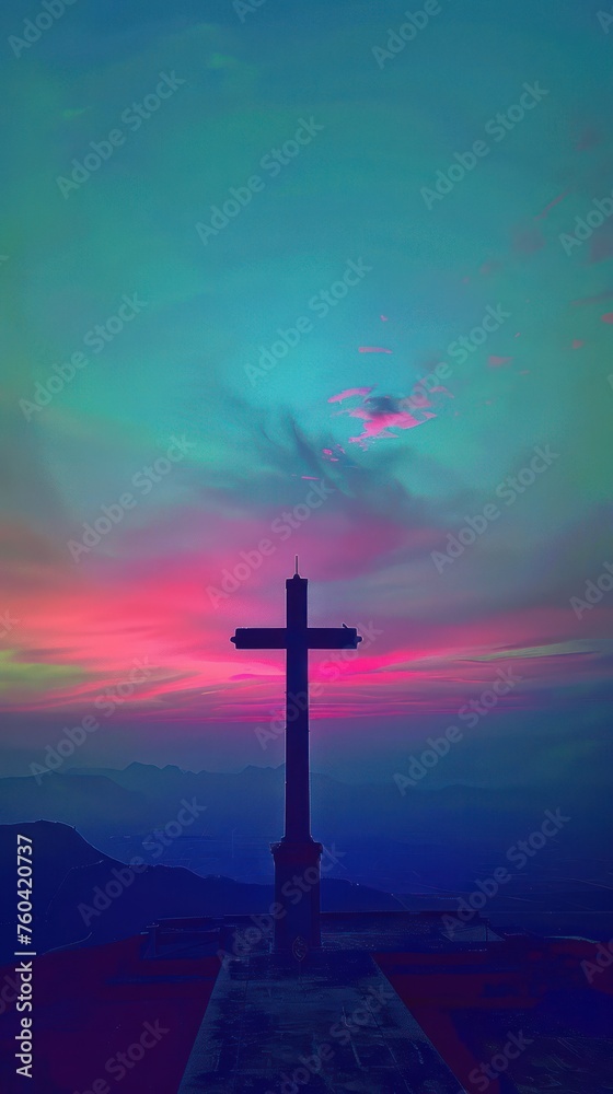 Obraz premium Awe-inspiring photograph of a cross against the hues of a twilight sky, invoking a sense of reverence and spiritual reflection