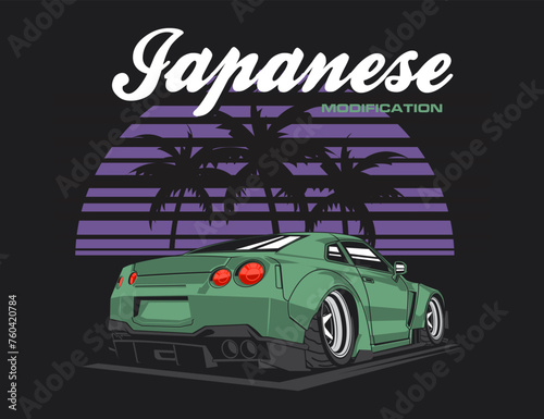 coconut tree background mix with 90s japan car design illustration vector