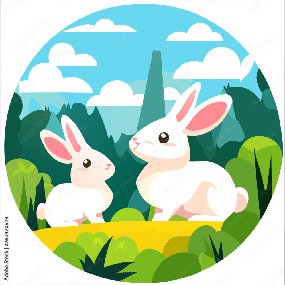 Fototapeta premium Fluffy bunnies hop and play amidst the verdant undergrowth.