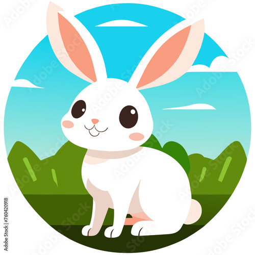 A furry white rabbit with bright eyes and floppy ears hops through a lush green field.