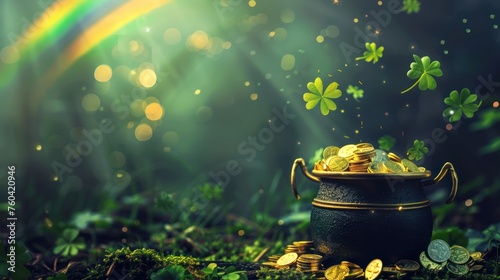 Banner with Pot of gold coins, clover leaves and rainbow.