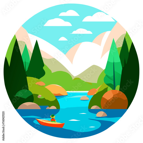 The serene river meanders through verdant banks, its crystal-clear waters reflecting the beauty of nature.
