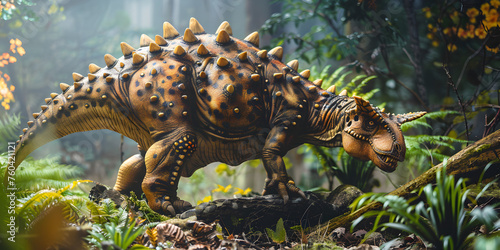 A brown striped ankylosaurus walking along the forest,  Ancient Guardian: Brown Striped Ankylosaurus Roaming the Woods photo