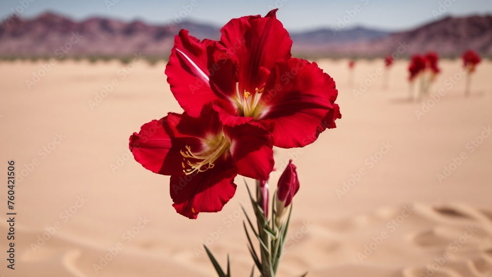 Close-Up Macro View of Red Gladiolus Flowers Capture in the Desert and Ethereal Blurry Background Close-Up Macro View of Red Gladiolus Flowers Capture in the Desert and Ethereal Blurry Background