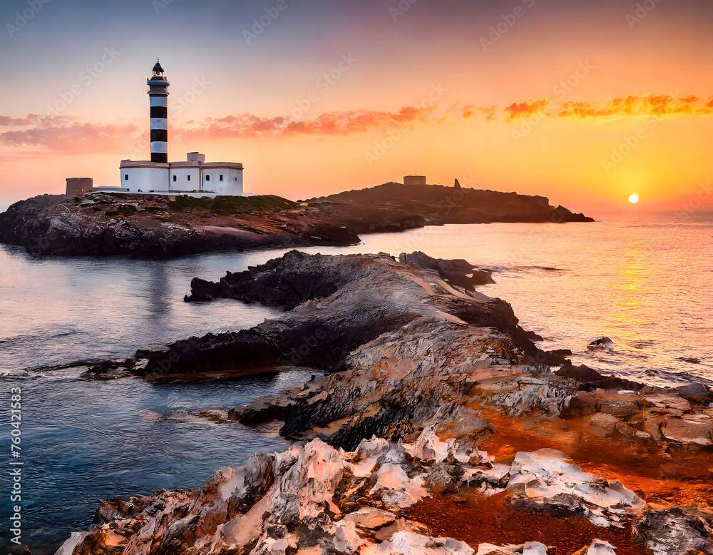 A lighthouse on a rocky island at sunset. The lighthouse is tall and slender, with a red and white striped tower. It is surrounded by rough waves and a dramatic sky.