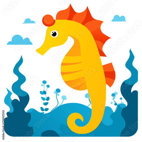 Tiny seahorse clinging to coral reef in vibrant blue waters.