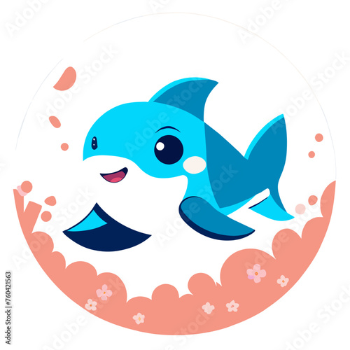 A cute shark with a friendly expression peeks out from behind a coral reef.