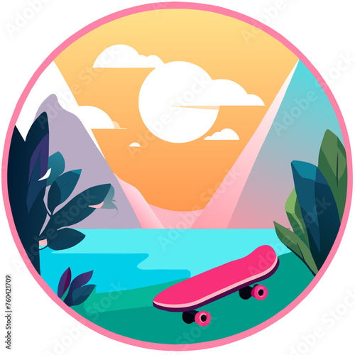 A young boy enjoys skateboarding in a park surrounded by lush greenery.