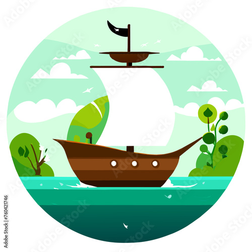 Cute ship sailing through a peaceful, tranquil lake surrounded by lush greenery.