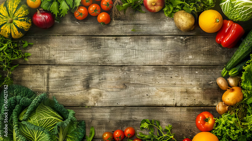Fresh organic produce on rustic wooden table