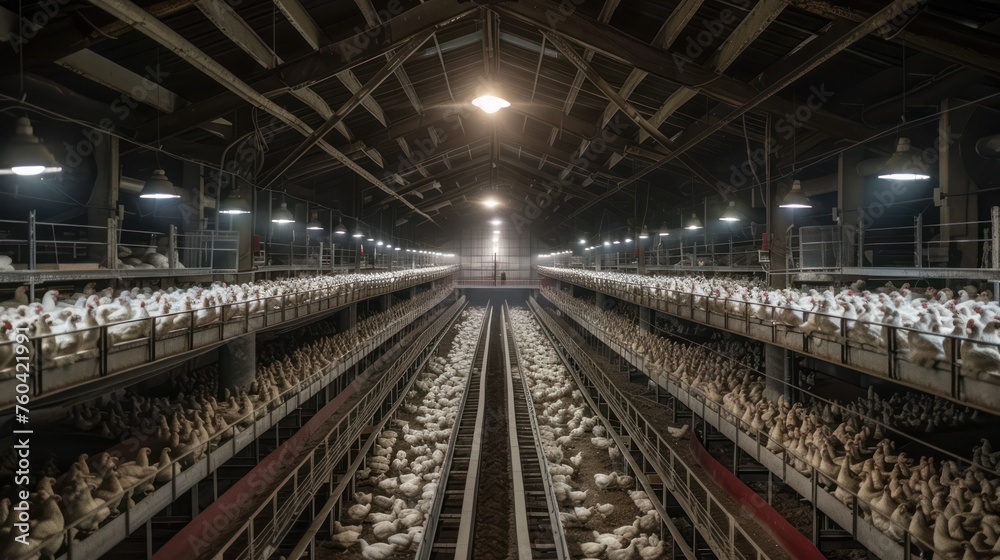 birds eye view inside a modern poultry barn, ocean of white chickens birds eye view inside a modern poultry barn, ocean of white chickens