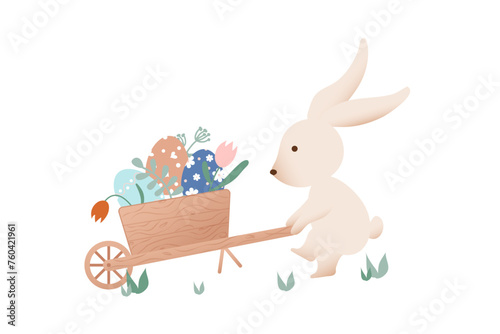 Holiday illustration. Easter bunny driving Easter eggs in a wheelbarrow. Illustration in retro style. Hand drawn. Vector illustration