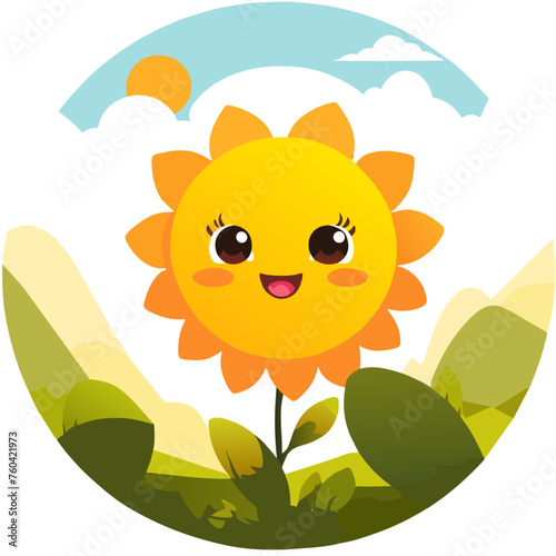 The adorable sun cheerfully beams against its enchanting backdrop.