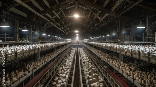 birds eye view inside a modern poultry barn, ocean of white chickens