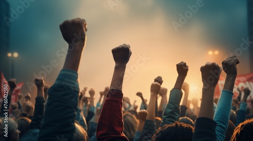 A dynamic image capturing a sea of raised fists and protest signs in a diverse and united crowd, symbolizing the power of collective activism against social injustices. photo