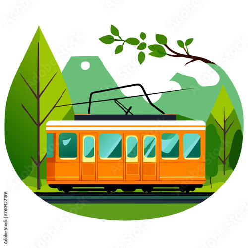 The cute tram meanders through a lush green forest in the heart of nature.
