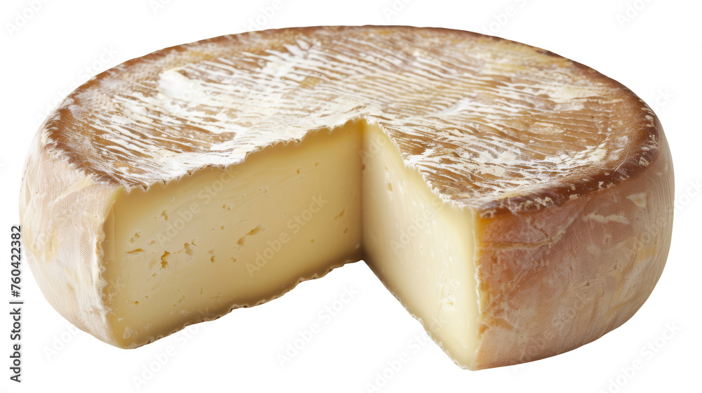 Round cheese wheel with a wedge cut out on a white background, perfect for culinary and dairy product concepts. Round cheese wheel with a wedge cut out on a white background, perfect for culinary and dairy product concepts.